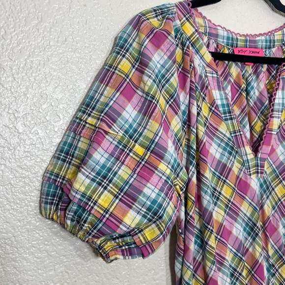 Betsey Johnson Pink Plaid Midi Dress Puff Sleeve Size M - Picture 10 of 15